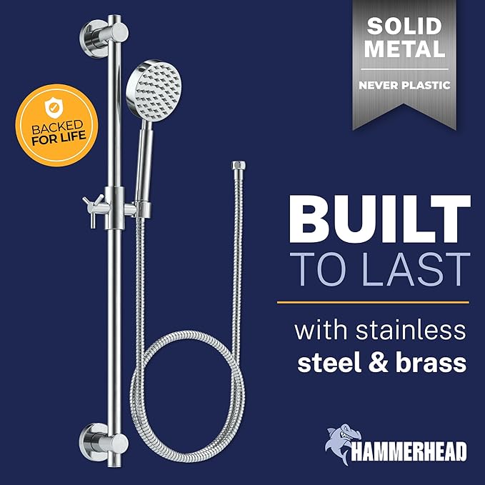HammerHead Showers® SOLID METAL 27.5 Inch Shower Slide Bar Set and Handheld Shower Head with Hose — CHROME — 1.75 GPM Low Flow Spray Wand — Easily Adjust Height & Angle of Handshower