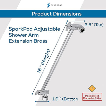 SparkPod 16" Solid Brass Shower Head Extension Arm - Flexible Height & Angle Adjustable Shower Arm Extension for Rain Showerheads with Sturdy Lock - Universal Pipe Connection (Luxury Polished Chrome)