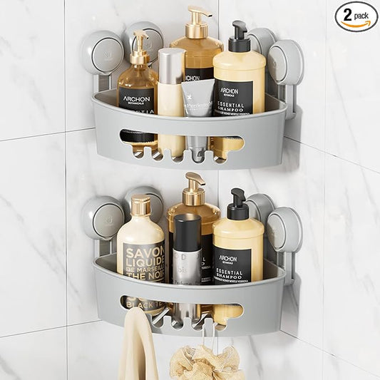 LEVERLOC Corner Shower Caddy Suction Cup, shower shelves suction cup, 2 Pack Basket Powerful Bathroom, Waterproof & Oil-proof Organizer for Kitchen, No-Drilling Removable (Grey)