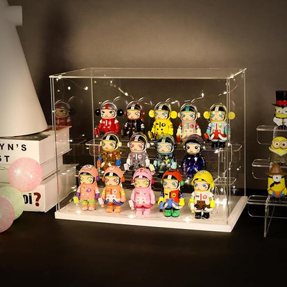 Choowin 3 Tier Clear Acrylic Display Case for Collectibles, Mini Figures, Pop Mart, Labubu, Sonny Angel, Smiski - Assemble Dustproof Acrylic Display Box with Door, Stand (Black Base, Clear Step)