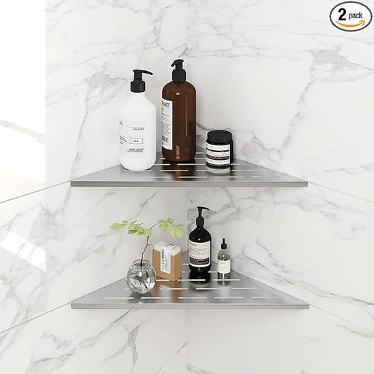 FerdY 2-Pack 10" Brushed Nickel Recessed Corner Shower Shelf, for Tiled Bathroom Walls, 304 Stainless Steel Floating Shelf, Shower Caddy Storage Shelves, No Drilling Required, Striped Triangle