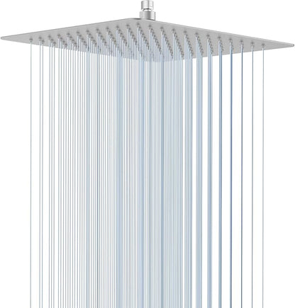12 Inch Rain Shower Head, 12" Square Rainfall & High Pressure Stainless Steel Bath Shower Head, 1/16" Ultra Thin, Waterfall Full Body Coverage with Silicone Nozzle, Polished Chrome