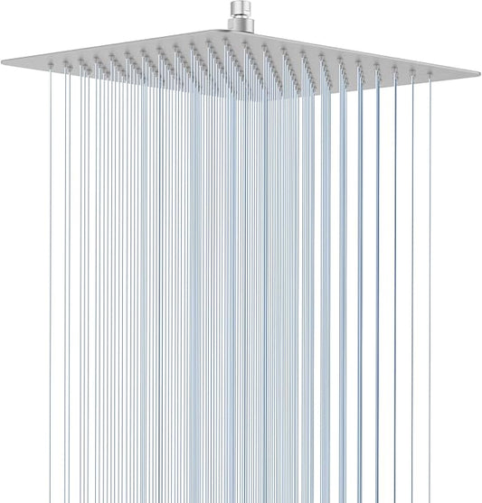 12 Inch Rain Shower Head, 12" Square Rainfall & High Pressure Stainless Steel Bath Shower Head, 1/16" Ultra Thin, Waterfall Full Body Coverage with Silicone Nozzle, Polished Chrome