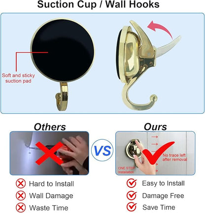 Suction Cup Shower Hooks - Heavy Duty, Glass Suction Hooks for Bathroom Robes and Decorations (Gold, 4 Pack)