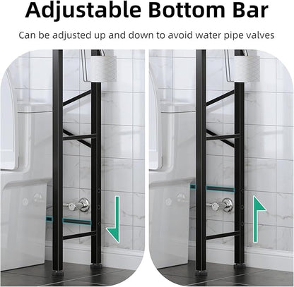 Over The Toilet Storage with X Shape Side Guardrail, 3-Tier Over Toilet Storage Rack with Drain Basket, Freestanding Bathroom Organizer for Balcony Laundry, Pure Black