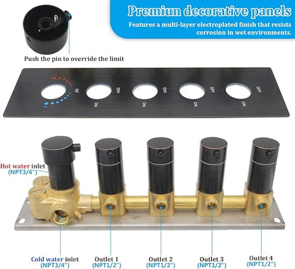 HOMEDEC Oil Rubbed Bronze Brass 4 Way Shower Valve and Trim Kit, Thermostatic Shower Mixer Diverter Valve Faucet Replacement, Water Inlet 3/4"(Vertical installation, 5 Handles)