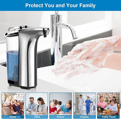 Automatic Soap Dispenser, Touchless Dish Soap Dispenser 17oz/500ml with Upgraded Infrared Sensor, 5 Adjustable Soap Dispensing Levels, Liquid Hand Dispenser for Bathroom (Silver Set)