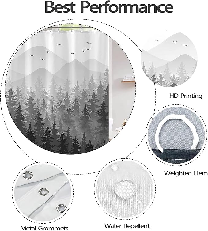 Aipon Black Misty Forest Shower Curtain Gray Ombre Nature Tree Plants Shower Curtains Fabric Waterproof Mountain Shower Curtain Sets for Bathroom Bath Decor with 12 Hooks (Black, 72'' × 78'')