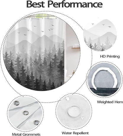 Aipon Black Misty Forest Shower Curtain Gray Ombre Nature Tree Plants Shower Curtains Fabric Waterproof Mountain Shower Curtain Sets for Bathroom Bath Decor with 12 Hooks (Black, 72'' × 78'')