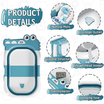 MoreFeel Collapsible Baby Bathtub for Newborn with Thermometer & 1 Hooded Towel & 1 Soft Floating Cushion,Portable Travel Bathtub with Drain Hole, Durable Foldable Baby Tubs for Infants to Toddler
