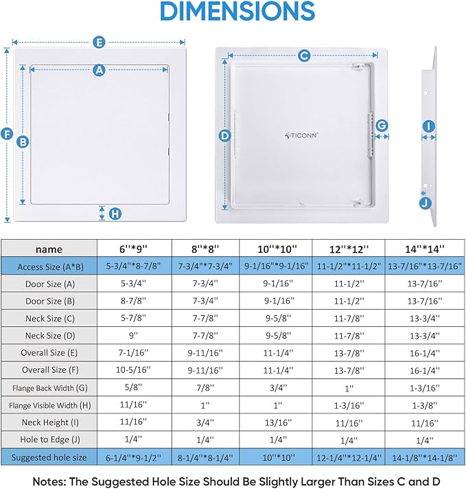 TICONN Access Panel for Drywall, 12 x 12 Inch ABS Plastic Wall Hole Cover Access Doors, Easy Install Plumbing Wall Panel for Drywall, Ceiling, Wiring and Cables