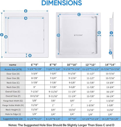 TICONN Access Panel for Drywall, 14 x 14 Inch ABS Plastic Wall Hole Cover Access Doors, Easy Install Plumbing Wall Panel for Drywall, Ceiling, Wiring and Cables