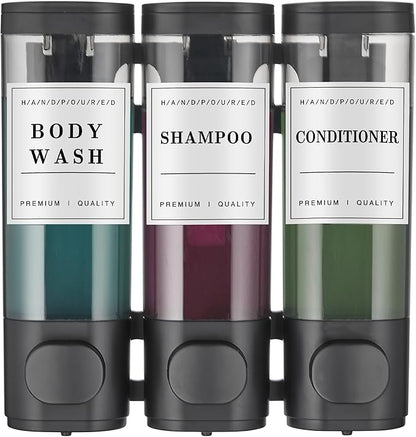Shower Soap Dispenser Wall Mounted No Drill Shampoo Dispenser for Shower Wall Shampoo and Conditioner Dispenser Bathroom Hotel 3 * 300ml Black with Waterproof Labels