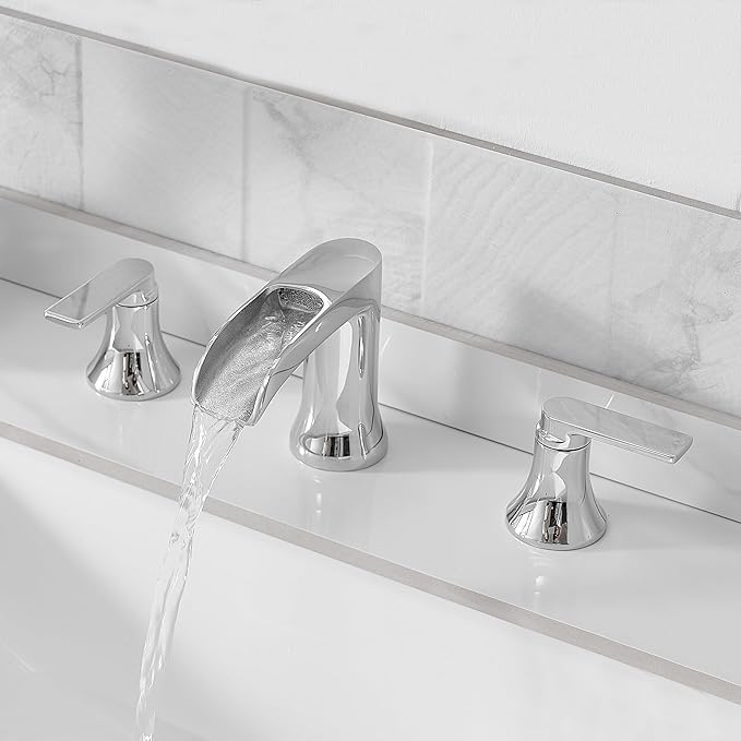Chrome Deck Mount Tub Faucet 3 Hole, Brass Widespread Waterfall Bathtub Faucet 2 Handle 8-16 Ins Bath Tub Faucets Set High Flow Faucet for Bathtub