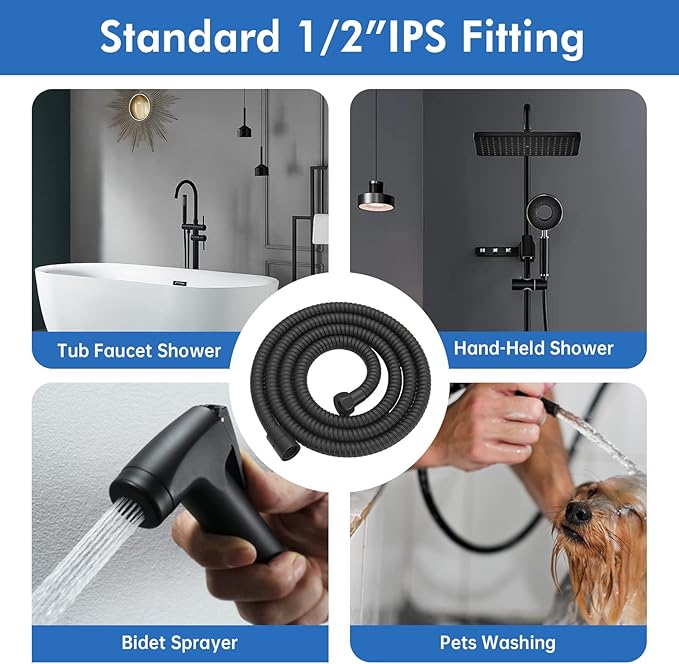 RUMOSE 79 inches Shower Hose Shower Head Extension Hose Extra Long Stainless Steel Shower Tube Attachment Flexible Handheld Shower Sprayer Hose, Matte Black
