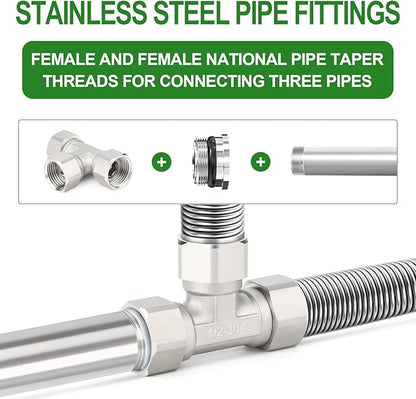TAISHER 2PCS 304 Stainless Steel 3 Way 3 Ends Flexible Movable Tee Connector, 1/2" for Sprayer, Angled Valve, Shower Arm