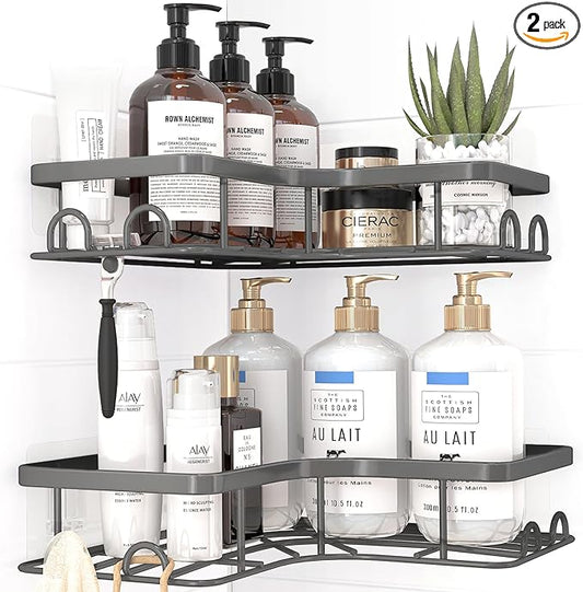 Corner Shower Caddy - 2 Pack, Adhesive Shower Organizers, Rustproof Stainless Steel Shower Shelves with 8 Hooks, No Drilling Bathroom Organizers and Storage Racks, Space-Saving, Grey, Medium