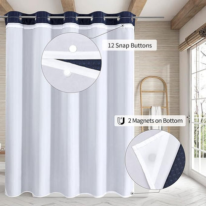 MitoVilla Navy Blue Waffle Long Shower Curtain Liner Set 72 x 80, No Hooks Required 80 inch Long Fabric Cloth Shower Curtain Set with Cloth Snap-in Liner for Modern Hotel Bathroom Decor