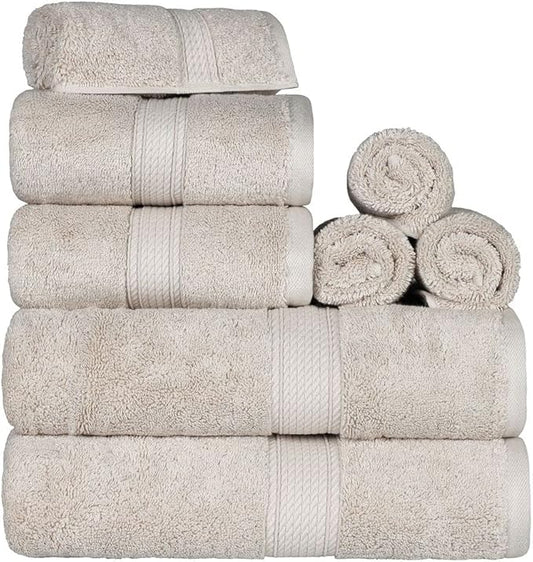 BLUENILEMILLS Madison Egyptian Cotton Towels, Towel Set for Bathroom, Shower, Hotel, Plush, 800 GSM, Highly Absorbent and Ultra-Soft Towels, Bath Essentials, 8 Piece Assorted Towel Set, Stone