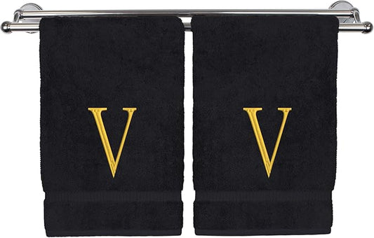 Monogrammed Hand Towel, Personalized Initial Gift, Extra Absorbent 100% Turkish Cotton - Soft Terry Finish - Set of 2 - Gold Block Initial V - Embroidered on Black Towels
