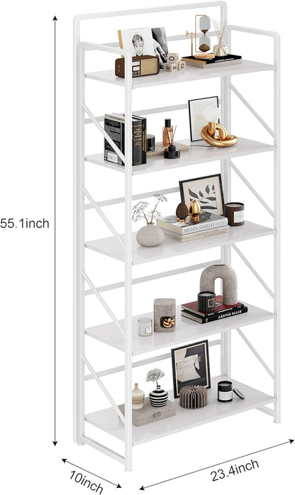 JSB No Assembly Folding Bookshelf, 5 Tier Industrial Metal Book Shelf for Storage, Vintage Wood Foldable Bookcase for Living Room, Bedroom, Office Organization Shelves