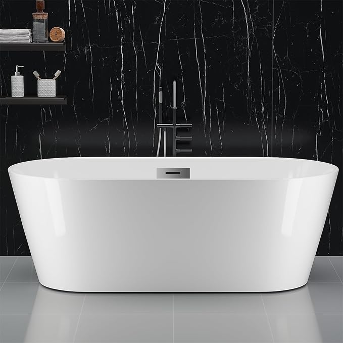 59" Free Standing Tub, Acrylic Soaking Bathtub, Stand Alone Freestanding Tub with Matte Sliver Drain and Overflow, Contemporary Bathtub for Bathroom, Black