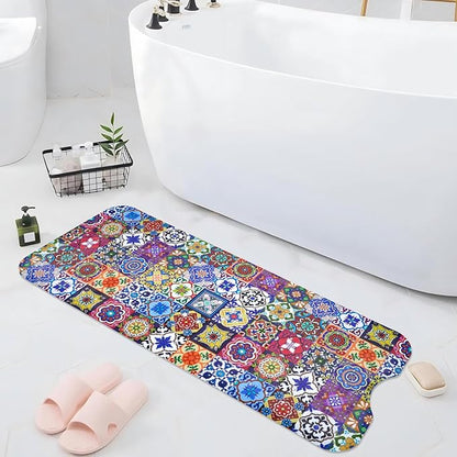 Boho Bathtub Mat Non Slip, Vintage Bath Tub Mat Baby Bath Mats for Bathroom Anti Slip Shower Mats for Inside Shower, Colorful Floral Bathmat with Suction and Drain Holes Machine Washable, 40″x16″