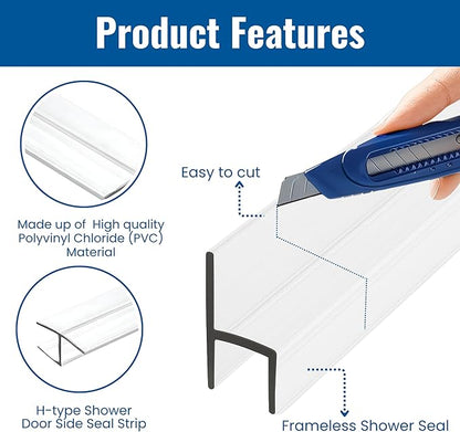 KC Hardware 85 Inch Frameless Shower Door Side Seal Strip, H-Type Glass Shower Door Seal Strip (180 Degree) for 1/2 Inch(10-12mm) Thick Glass, Water Guard That Prevents leaks, Ultra Clear (Pack of 2)
