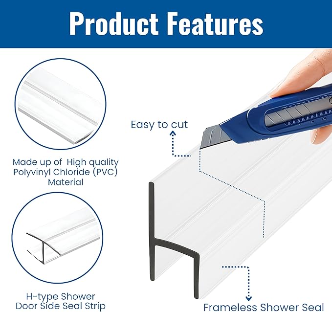 Frameless Shower Door Side Seal Strip H-Type 180 Degree 72inch Length, Clear (1, 1/2inch Glass)