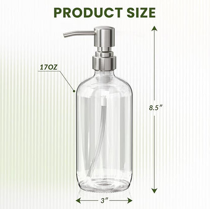 AmazerBath Soap Dispenser, 2 Pack Glass Soap Dispenser with Pump Stainless Steel, 17 Oz Hand Soap Bottles Bathroom Kitchen, Clear