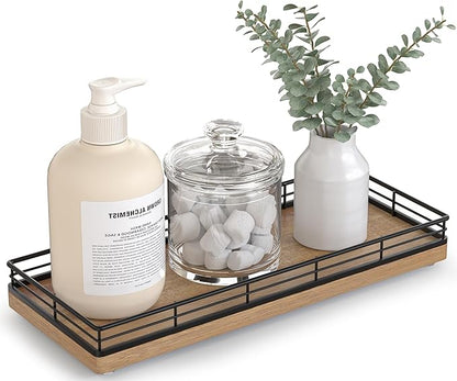 Bathroom Tray for Counter Top Organizer – Acacia Wood Vanity Tray with Metal Frame for Dresser, Kitchen, Nightstand – Black & Acacia Decorative Storage
