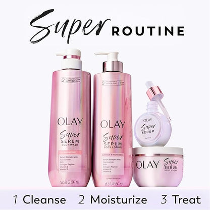 Olay Super Serum Hand & Body Lotion for Dry Skin, 24hr Long Lasting Hydration, 5+ Ingredient Serum Complex for Bright Even Firm Luminous Skin, Sweet Vanilla & Soft Wood Scent, 18.5 fl oz