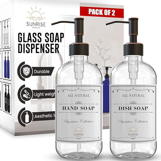2 Pack Clear Glass Soap Dispenser 16 OZ with Oil Rubbed Bronze Stainless Steel Pump, Hand and Dish Soap Dispenser Set for Bathroom and Kitchen Sink with 6 Waterproof Labels