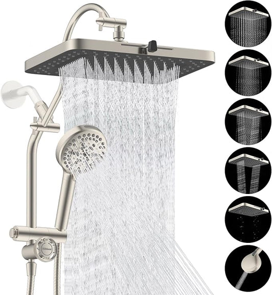 Hibbent cUPC Certified 13'' Shower Head Combo, High Pressure 5 Spray Rainfall Showerhead, 10 Spray Handheld, All Metal Easy Reach 4-way Diverter Arm with Pause Mode, 71'' Hose & Holder, Brushed Nickel
