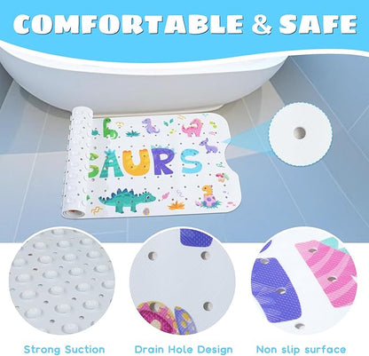 Baby Bath Mat for Tub Non Slip Kids Bathtub Mat Extra Long 40X16 Inch Toddler Bath Tub Shower Mat Anti Slip with Suction Cups & Drain Holes, Machine Washable (Dino Letters)