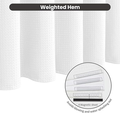 Inhousolu No Hook Waffle Weave Shower Curtain with Removable Snap in Fabric Liner Set for Bathroom, 230 GSM Heavy Duty Weighted Hem, Water Repellent Washable Bath Curtains, 72 x 84 Inch, White