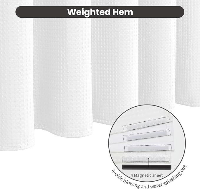 Inhousolu No Hook Waffle Weave Shower Curtain with Removable Snap in Fabric Liner Set for Bathroom, 230 GSM Heavy Duty, Water Repellent Washable Bath Curtains (White, 72" W x 78" L(Pack of 1))