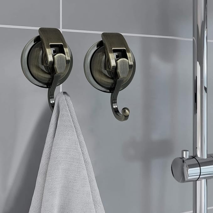 Heavy Duty Suction Cup Hooks for Shower, Bathroom Robe - Vacuum Glass Hooks, Reusable, No Hole Punched, for Garland Decoration (Bronze, 2 Pack)