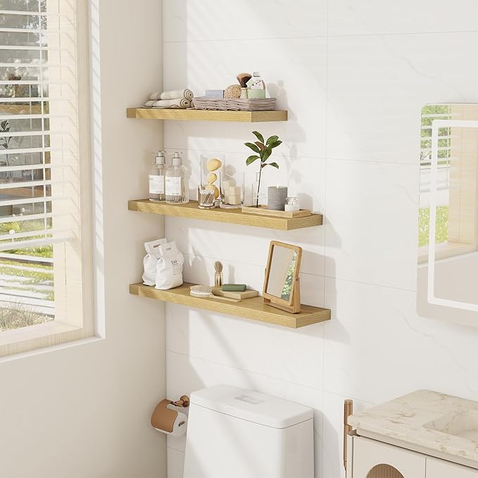 Fun Memories 32 Inch Floating Shelves Wall Shelf Set of 3, Rustic Farmhouse Home Decor Kitchen Living Room Shelves Wall Mounted, 32 x 6.7 x 1.4 Inch, Oak Color