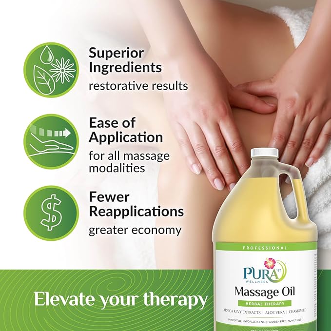 Wellness Professional Herbal Massage Oil, 128oz, Hypoallergenic Formula for Muscle Relief, Professional Deep Tissue Therapy, Unscented Oil for Physical Therapy and Muscle Recovery