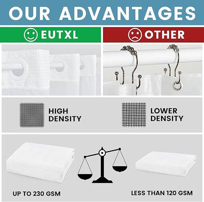 Stall No Hook Shower Curtain with Snap in Liner,230GSM Waffle Weave Shower Curtains for Bathroom,60W x 74H,White