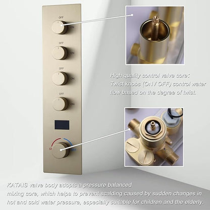 Brushed Gold Digital Display Shower System with 16X24 inch Ceiling Overhead Shower Head(Rain & Waterfall Two Modes), 4 PCS Body Jet and Handheld Spray