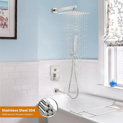 gotonovo Shower System with Tub Spout Wall Mounted Rain Shower Head and Handle Combo Shower Faucet Set with Valve, 12 Inch, Brushed Nickel