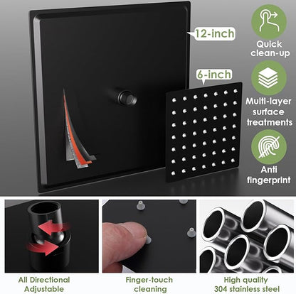 ENGA Dual Shower Head System with Tub Spout, Ceiling Mount 12 Inch Shower Head with 6 Inch Wall Mount Shower Head Shower Faucet Set, Matte Black