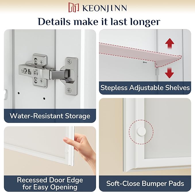 Keonjinn 16 x 24 Inch White Medicine Cabinet Mirror, Assembly Required, Modern Medicine Cabinets for Bathroom, Lightweight, Adjustable Shelves, HD Tempered Glass, Recessed or Surface Mount