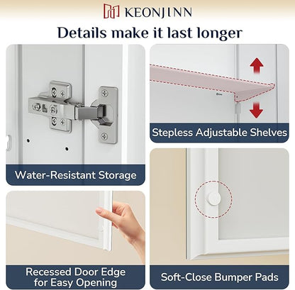 Keonjinn 16 x 24 Inch White Medicine Cabinet Mirror, Assembly Required, Modern Medicine Cabinets for Bathroom, Lightweight, Adjustable Shelves, HD Tempered Glass, Recessed or Surface Mount