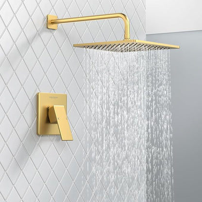 Lava Odoro 12-inch Modern Square Shower Faucet Set Brushed Gold, Shower Trim Kit with Rough-in Valve High Pressure Gold Rainfall Shower Head and Handle Set, (Valve Included), SF106-SG
