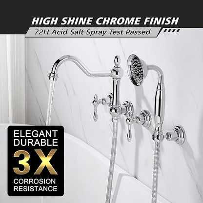 SUMERAIN Vintage Wall Mounted Bathtub Faucet with Hand Shower, High Flow Tub Filler Chrome Finish, Rough-in Valve Included