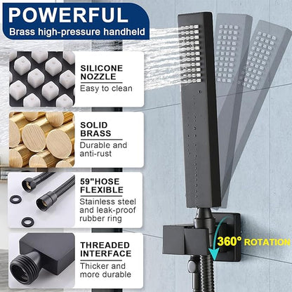 Dual Rain Shower Head Thermostatic Luxury Spa Shower System And Ceiling Mount 14x20 Inch LED 4 Functions with 6 Inch Wall Head Shower Faucet Set,Matte Black