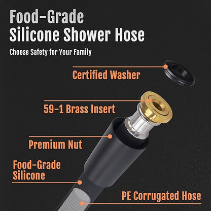 Shower Hose, Food Grade Silicone Shower Head Hose, Kink-Free Handheld Shower Hose Extension, Rv Shower Hose Replacement with Premium Brass Material for Cleaning Pet, Bidet, 60 Inches, Black